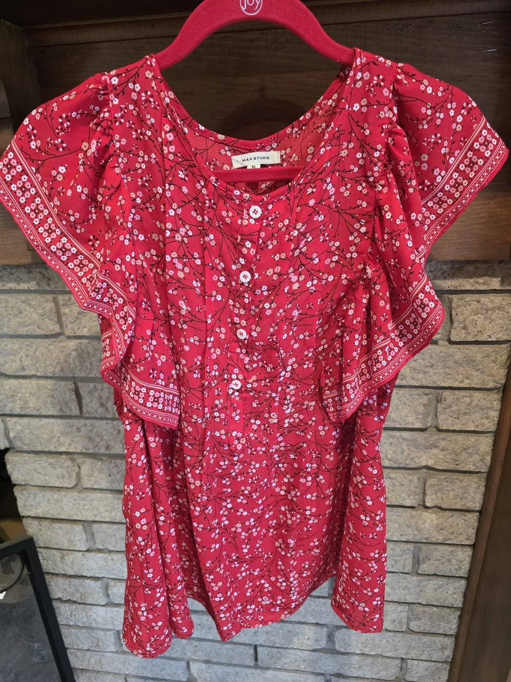 Max Studio Red Floral Ruffle-Sleeve Button Front Blouse - Picture 2 of 4